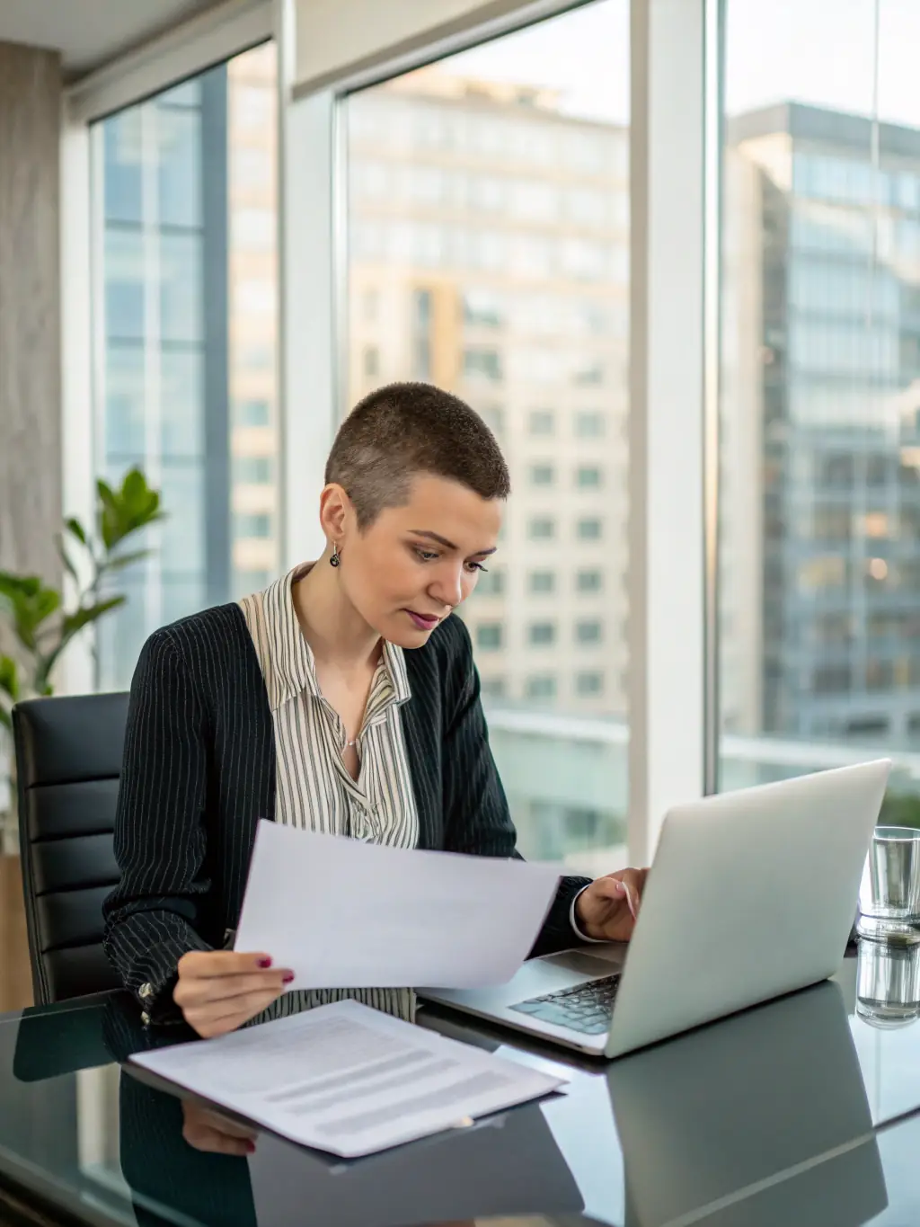 A small business owner confidently planning finances with a modern financial platform interface on a laptop, illustrating strategic growth.