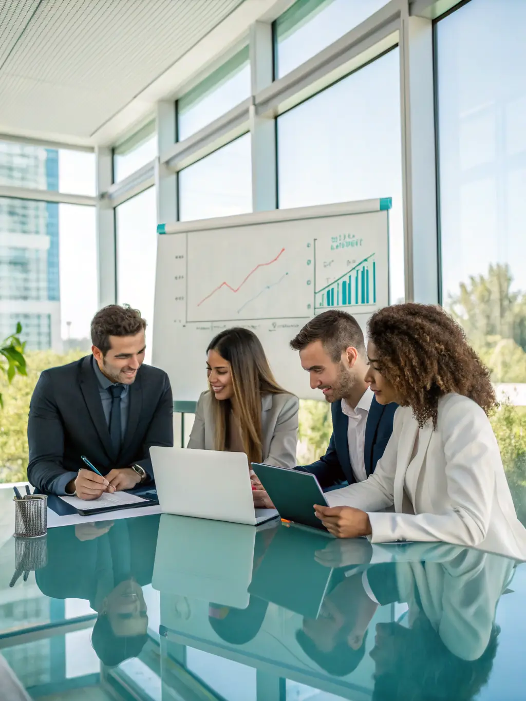 A diverse team of professionals collaborating in a modern office setting, using Brex tools on their devices to manage company finances efficiently.